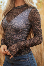 Load image into Gallery viewer, Black Western Rodeo Printed Mock Neck Long Sleeve Mesh Top | Arrow Boutique | | Arrow Women&#39;s Boutique