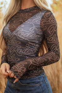 Black Western Rodeo Printed Mock Neck Long Sleeve Mesh Top | Arrow Boutique | | Arrow Women's Boutique