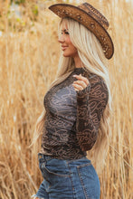 Load image into Gallery viewer, Black Western Rodeo Printed Mock Neck Long Sleeve Mesh Top | Arrow Boutique | | Arrow Women&#39;s Boutique