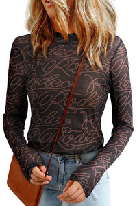 Black Western Rodeo Printed Mock Neck Long Sleeve Mesh Top | Arrow Boutique | | Arrow Women's Boutique