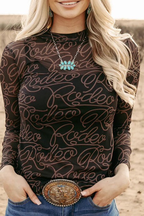 Black Western Rodeo Printed Mock Neck Long Sleeve Mesh Top | Arrow Boutique | Black S 95%Polyester+5%Elastane | Arrow Women's Boutique