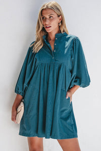 Blue Corduroy Snap Buttons Empire Waist Bracelet Sleeve Dress | Arrow Boutique | | Arrow Women's Boutique