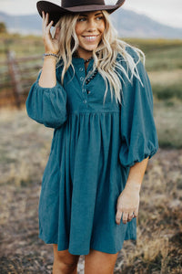 Blue Corduroy Snap Buttons Empire Waist Bracelet Sleeve Dress | Arrow Boutique | | Arrow Women's Boutique