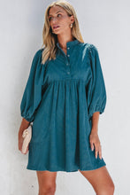 Load image into Gallery viewer, Blue Corduroy Snap Buttons Empire Waist Bracelet Sleeve Dress | Arrow Boutique | | Arrow Women&#39;s Boutique