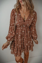 Load image into Gallery viewer, Brown Boho Floral Ruffled Puff Sleeve V Neck Mini Dress | Arrow Boutique | | Arrow Women&#39;s Boutique