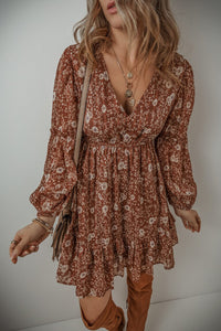 Brown Boho Floral Ruffled Puff Sleeve V Neck Mini Dress | Arrow Boutique | | Arrow Women's Boutique