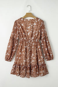 Brown Boho Floral Ruffled Puff Sleeve V Neck Mini Dress | Arrow Boutique | | Arrow Women's Boutique