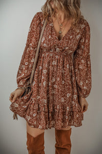 Brown Boho Floral Ruffled Puff Sleeve V Neck Mini Dress | Arrow Boutique | | Arrow Women's Boutique