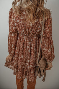 Brown Boho Floral Ruffled Puff Sleeve V Neck Mini Dress | Arrow Boutique | | Arrow Women's Boutique