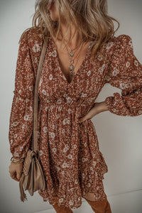 Brown Boho Floral Ruffled Puff Sleeve V Neck Mini Dress | Arrow Boutique | | Arrow Women's Boutique