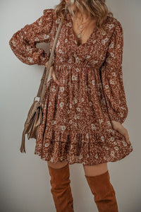 Brown Boho Floral Ruffled Puff Sleeve V Neck Mini Dress | Arrow Boutique | | Arrow Women's Boutique