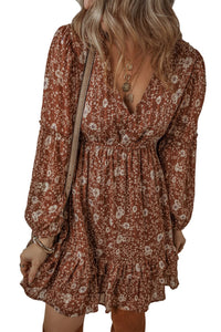 Brown Boho Floral Ruffled Puff Sleeve V Neck Mini Dress | Arrow Boutique | | Arrow Women's Boutique