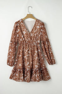 Brown Boho Floral Ruffled Puff Sleeve V Neck Mini Dress | Arrow Boutique | | Arrow Women's Boutique