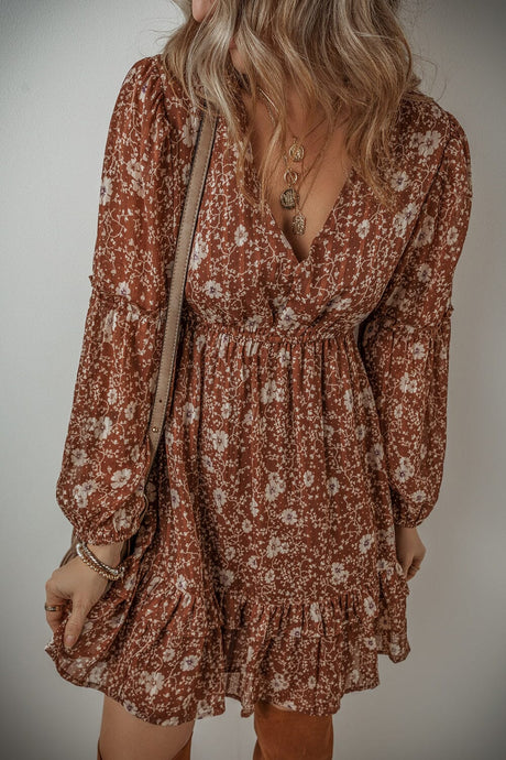 Brown Boho Floral Ruffled Puff Sleeve V Neck Mini Dress | Arrow Boutique | Brown S 100%Polyester | Arrow Women's Boutique