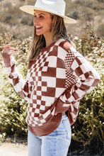 Load image into Gallery viewer, Brown Checkered Print Drop Shoulder Round Neck Sweater | Arrow Boutique | | Arrow Women&#39;s Boutique