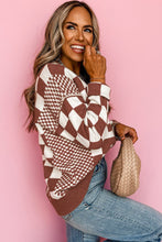 Load image into Gallery viewer, Brown Checkered Print Drop Shoulder Round Neck Sweater | Arrow Boutique | | Arrow Women&#39;s Boutique