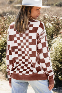 Brown Checkered Print Drop Shoulder Round Neck Sweater | Arrow Boutique | | Arrow Women's Boutique