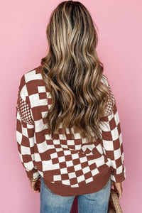 Brown Checkered Print Drop Shoulder Round Neck Sweater | Arrow Boutique | | Arrow Women's Boutique