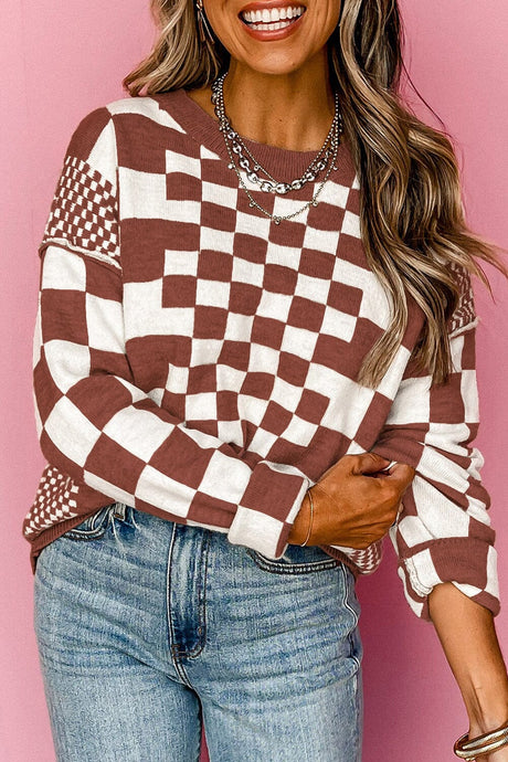 Brown Checkered Print Drop Shoulder Round Neck Sweater | Arrow Boutique | Brown S 50%Viscose+28%Polyester+22%Polyamide | Arrow Women's Boutique