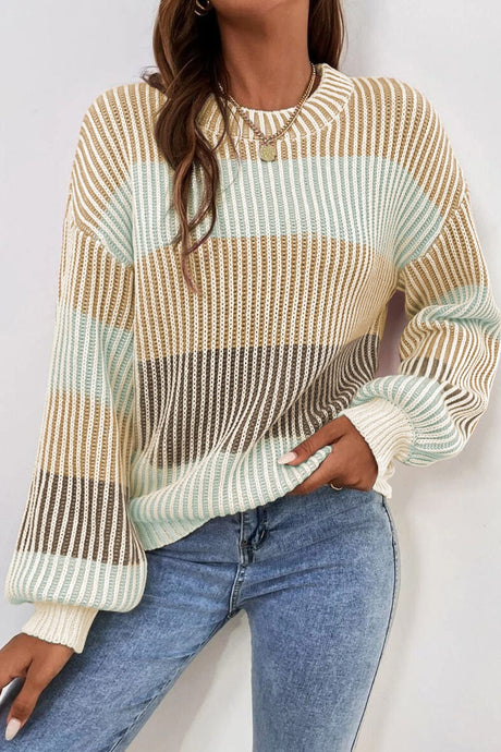 Brown Colorblock Textured Knit Bubble Sleeve Sweater | Arrow Boutique | Brown S 60%Cotton+40%Acrylic | Arrow Women's Boutique