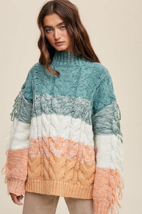 Chunky Cable Knit Striped Fringe Sweater | Listicle | | Arrow Women's Boutique
