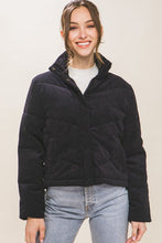 Load image into Gallery viewer, Corduroy Puffer Jacket with Toggle Detail | Love Tree | BLACK S | Arrow Women&#39;s Boutique