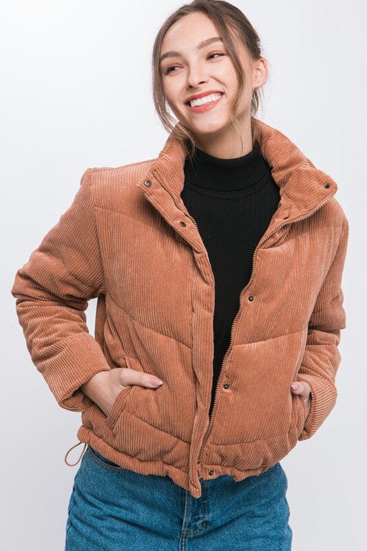 Corduroy Puffer Jacket with Toggle Detail | Love Tree | CAMEL S | Arrow Women's Boutique