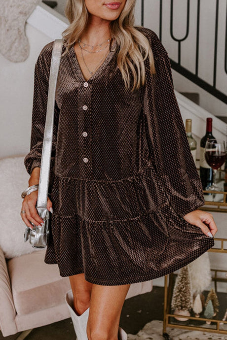 Dark Brown Textured Velvet V Neck Shift Dress | Arrow Boutique | Dark Brown S 85%Polyester+10%Metallized fibres+5%Elastane | Arrow Women's Boutique