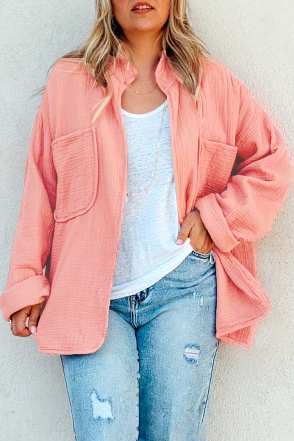 Flamingo Plus Size Solid Color Chest Pockets Crinkled Blouse | Arrow Boutique | Flamingo 1X 100%Cotton | Arrow Women's Boutique