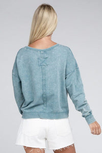 French Terry Acid Wash Boat Neck Pullover | ZENANA | | Arrow Women's Boutique