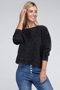 French Terry Acid Wash Boat Neck Pullover | ZENANA | | Arrow Women's Boutique