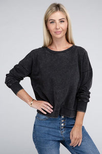 French Terry Acid Wash Boat Neck Pullover | ZENANA | | Arrow Women's Boutique