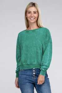 French Terry Acid Wash Boat Neck Pullover | ZENANA | | Arrow Women's Boutique