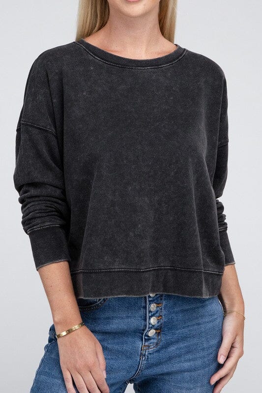 French Terry Acid Wash Boat Neck Pullover | ZENANA | ASH BLACK S | Arrow Women's Boutique