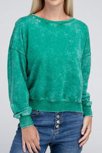 French Terry Acid Wash Boat Neck Pullover | ZENANA | K GREEN L | Arrow Women's Boutique