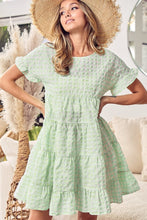 Load image into Gallery viewer, Green Stripe Textured Tiered Short Sleeve Loose Mini Dress | Arrow Boutique | | Arrow Women&#39;s Boutique