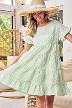 Load image into Gallery viewer, Green Stripe Textured Tiered Short Sleeve Loose Mini Dress | Arrow Boutique | | Arrow Women&#39;s Boutique