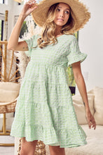 Load image into Gallery viewer, Green Stripe Textured Tiered Short Sleeve Loose Mini Dress | Arrow Boutique | | Arrow Women&#39;s Boutique