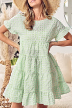 Load image into Gallery viewer, Green Stripe Textured Tiered Short Sleeve Loose Mini Dress | Arrow Boutique | Green Stripe S 97%Polyester+3%Elastane | Arrow Women&#39;s Boutique