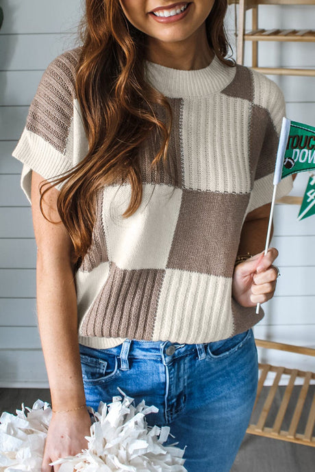 Khaki Checkered Color Block Crew Neck Short Sleeve Sweater | Arrow Boutique | Khaki S 100%Acrylic | Arrow Women's Boutique