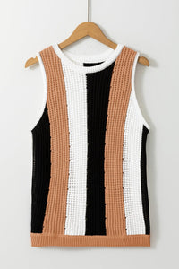 Khaki Stripe Color Block Sleeveless Knitted Sweater Vest | Arrow Boutique | | Arrow Women's Boutique