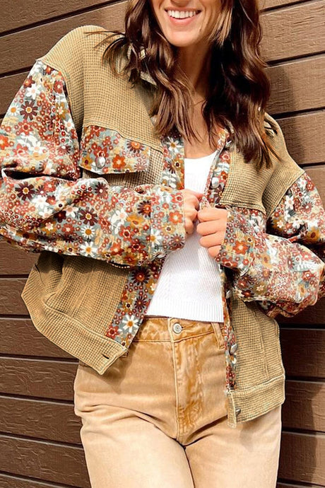 Khaki Waffle Knit Floral Print Patchwork Button up Jacket | Arrow Boutique | Khaki S 65%Cotton+35%Polyester | Arrow Women's Boutique