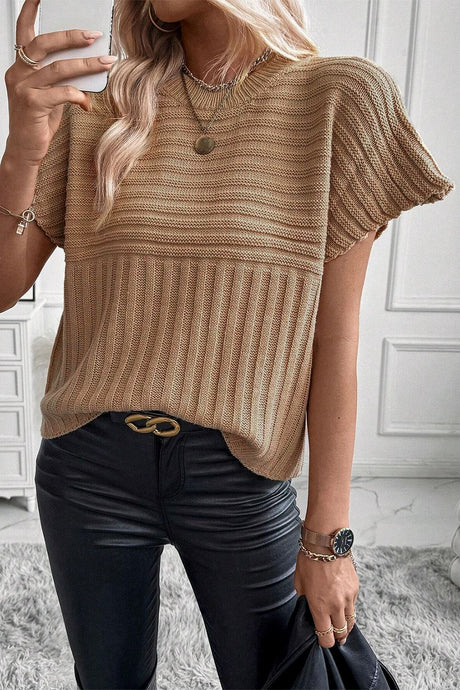 Light French Beige Rib Knitted Wide Sleeve Sweater T Shirt | Arrow Boutique | Light French Beige S 60%Cotton+40%Acrylic | Arrow Women's Boutique