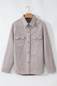 Light Grey Turn Down Collar Flap Pockets Buttoned Shacket | Arrow Boutique | | Arrow Women's Boutique