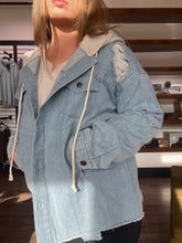 Load image into Gallery viewer, LONG SLEEVE WASHED DISTRESSED DENIM JACKET WITH HOOD | She + Sky | | Arrow Women&#39;s Boutique