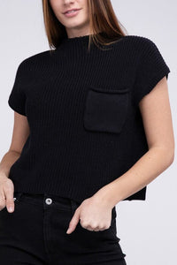 Mock Neck Short Sleeve Cropped Sweater | ZENANA | BLACK S | Arrow Women's Boutique