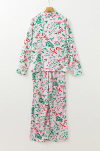 Pink Christmas Berries Plant Print Satin Long Sleeve Pajama Set | Arrow Boutique | | Arrow Women's Boutique