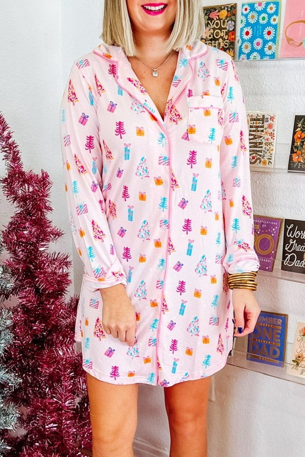 Pink Christmas Twinkle Tree Print Shirt Sleep Dress Pink Christmas Twinkle Tree Print Shirt Sleep Dress