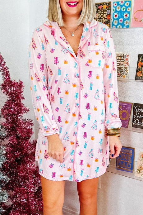 Pink Christmas Twinkle Tree Print Shirt Sleep Dress | Arrow Boutique | Pink S 95%Polyester+5%Elastane | Arrow Women's Boutique