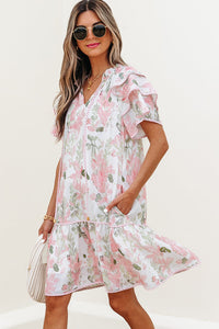 Pink Floral Contrast Edge Layered Short Sleeve Mini Dress | Arrow Boutique | | Arrow Women's Boutique